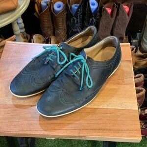 Men's Blue Leather Shoes with Teal Laces